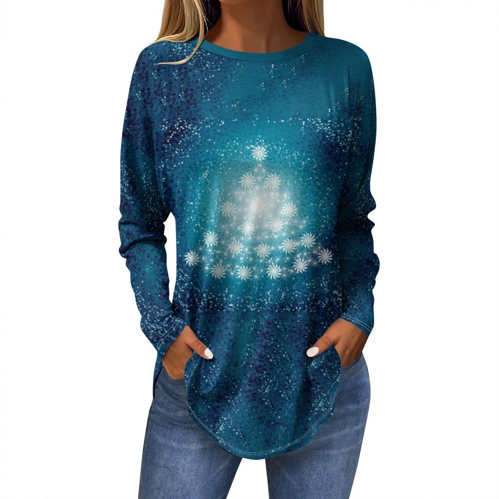 Женская модная повседневная футболка с круглым вырезом и длинным рукавом с рождественским принтом