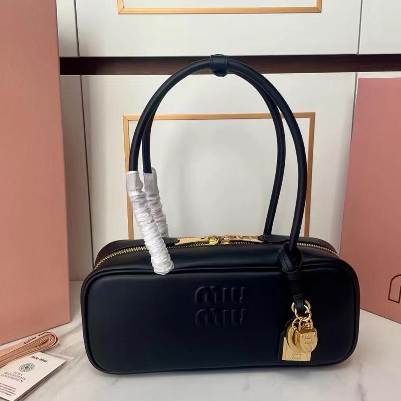 MIU Long Handle Bowling Boston Pillow Bag Fashion Versatile Shoulder Tote Handbag for Women Commute Soft Leather Large Capacity