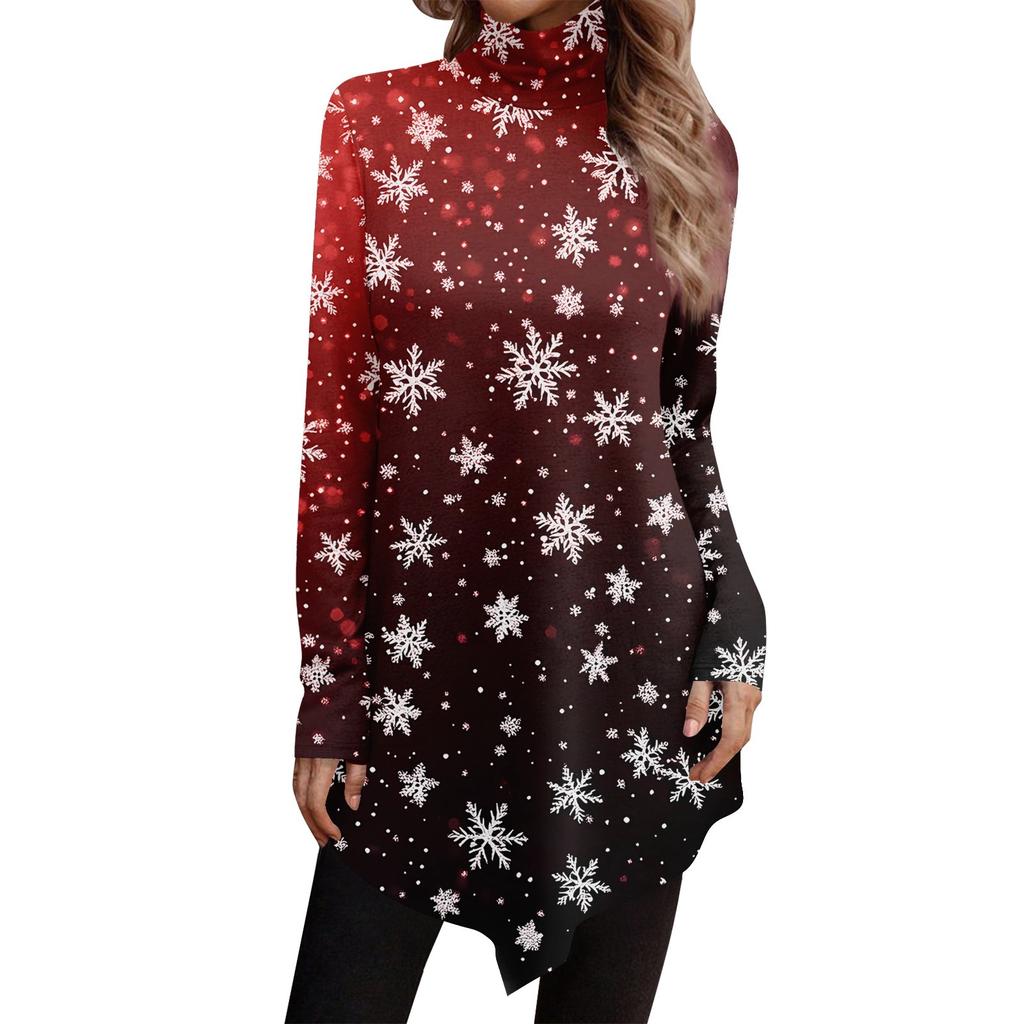 Casual Fashion Christmas Print Shirt Tops High Neck Irregular Hem Long Sleeve Pullover Tops