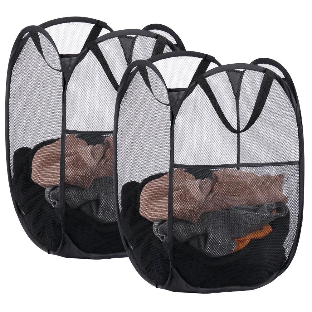 2-piece pop-up mesh laundry basket, foldable laundry basket, 74 liters, with side pockets