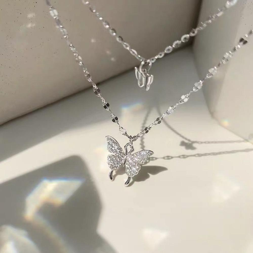 Sterling Silver Double-layer Butterfly Necklace Female Niche Cold Wind Sterling Silver Stacked Collarbone Chain