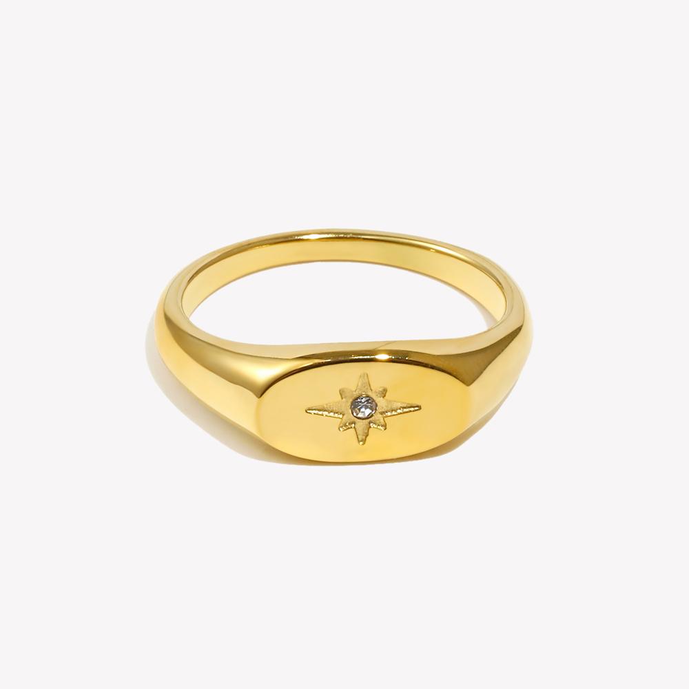 E.B.belle New Waterproof Stainless Steel Oval Face 3A Zircon Paved Star Ring Water Resistant Gold Plated Rings For Lady