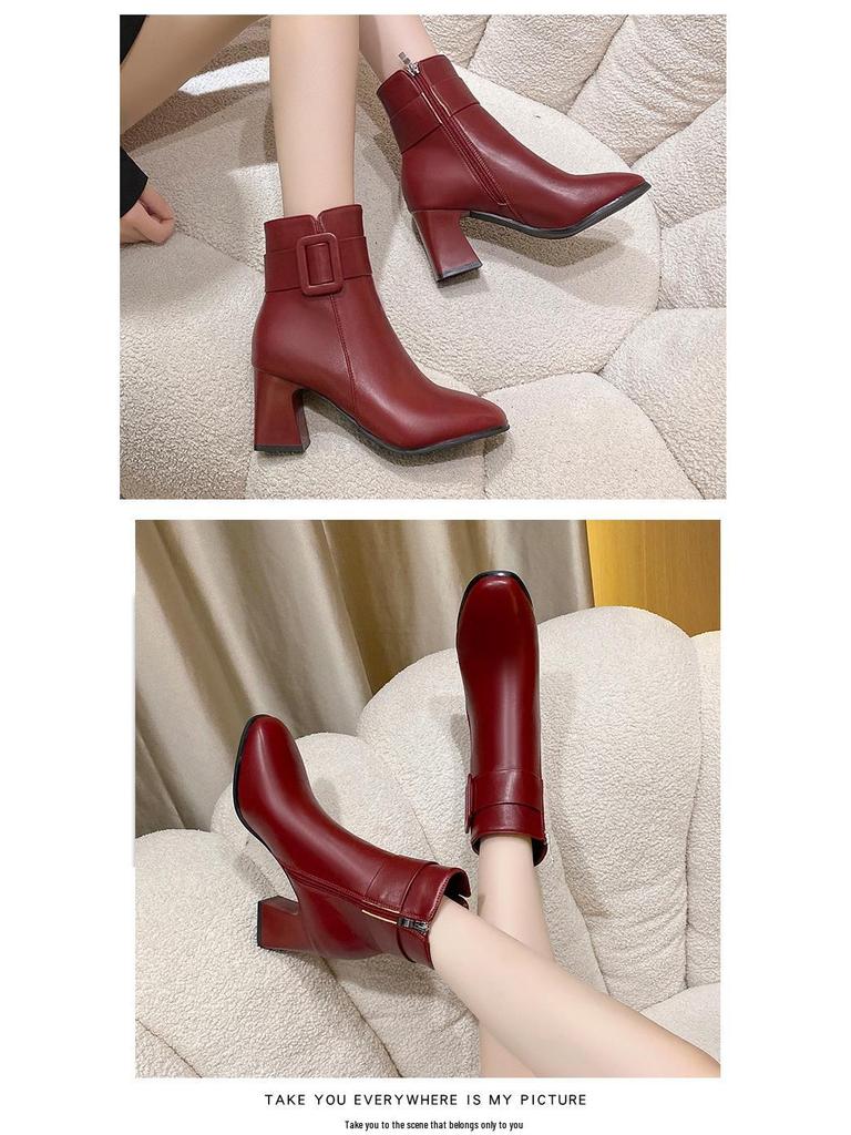 Женские зимние ботильоны из искусственной ПУ кожи на блочном каблуке с боковой молнией, круглым носком и подкладкой из искусственного плюша