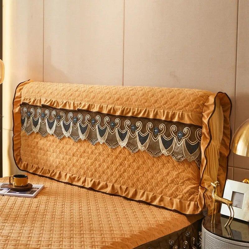 Lace Headboard Cover for Queen Bed Plush Velvet Double Size King Quilted Anti-collision Full Coverage Back Protector with Pocket