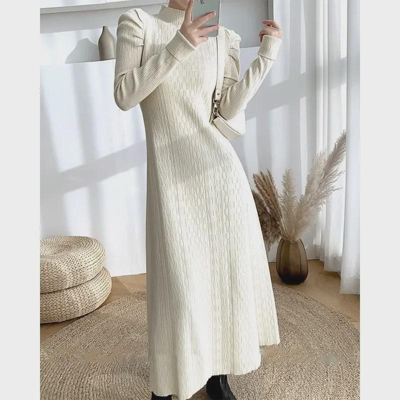 2024 A/W High Waist Knit Sweater Dress with High Neck and A-Line Skirt