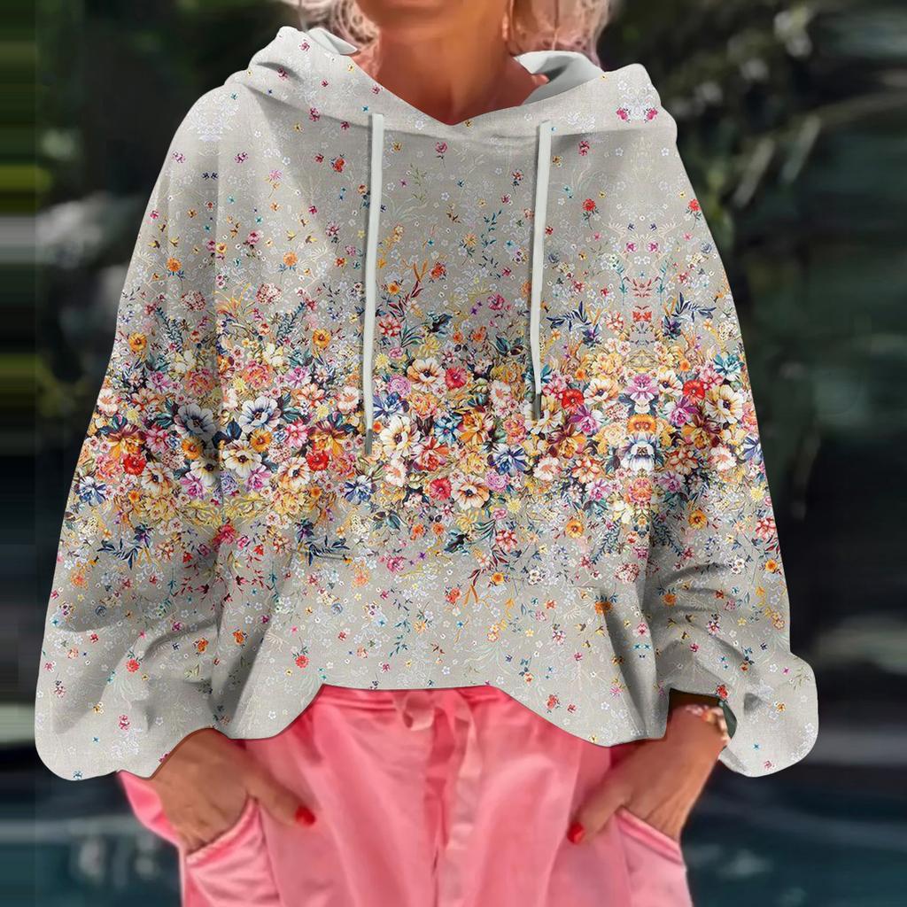 Women's Floral Print Loose Casual Long Sleeved Hooded Sweatshirt
