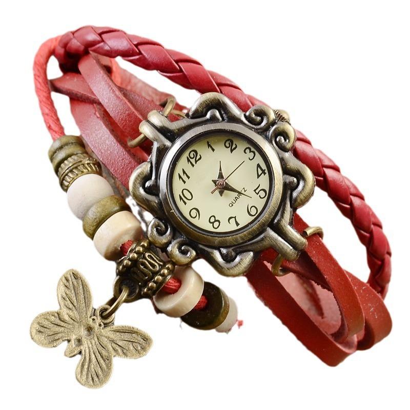 Часы из коровьей кожи, многослойные, с подвеской в виде бабочки, женские, студенческие часы