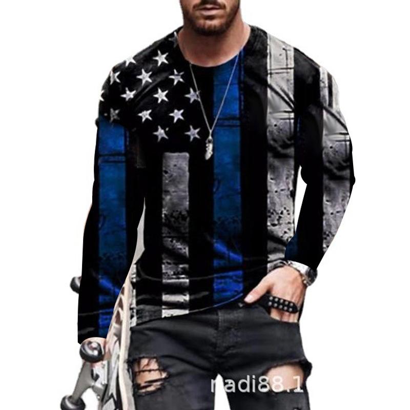 American Flag Print Long-Sleeved Men's T-shirt Spring Autumn Loose Tops Casual Fashion All-Match O-Neck Men Clothing 5XL EU Size