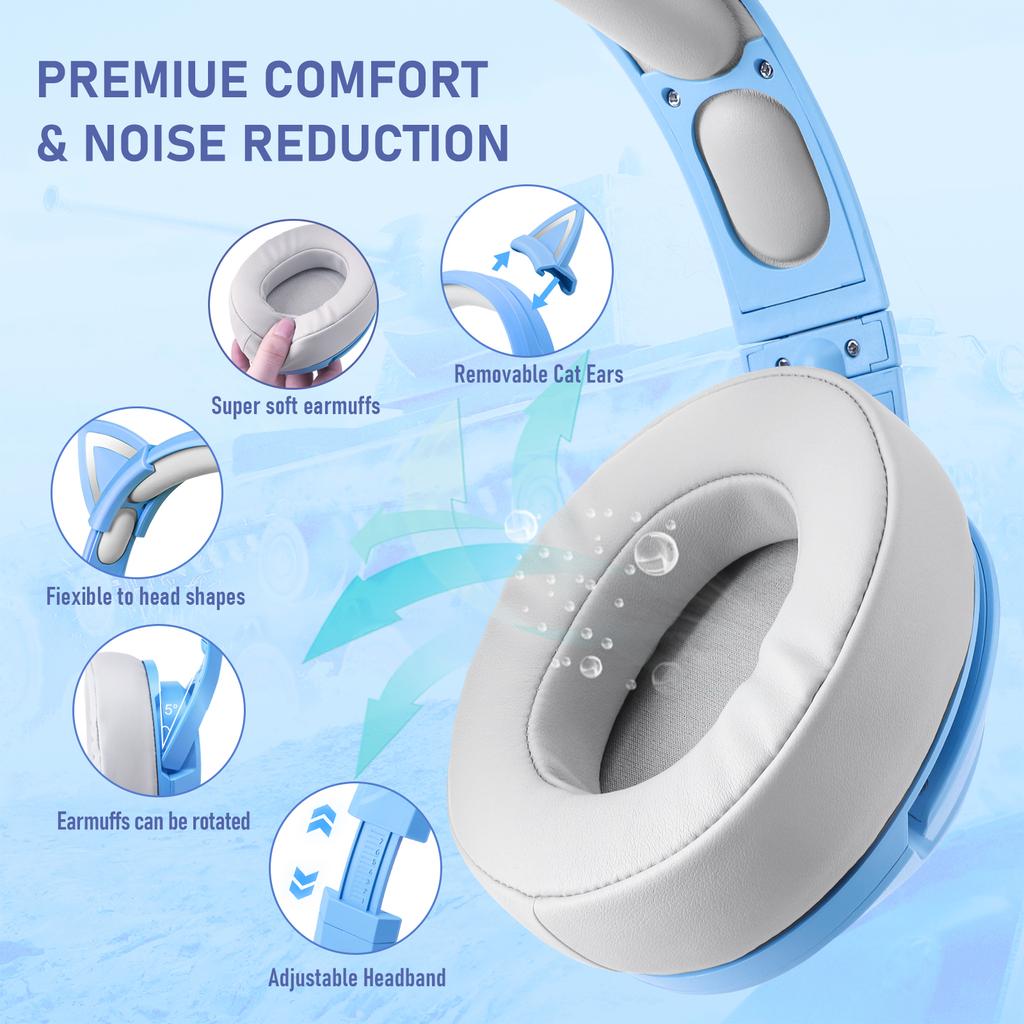 K9 Gaming Headset, Wired Over-Ear Headphones with Detachable Cat Ears, Noise Cancelling Microphone, RGB Backlight, Surround Sound for PC PS5 PS5 Xbox