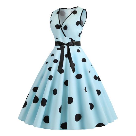 Женское вечернее платье, винтажное контрастное цветное платье в горошек с бантом на талии, трапециевидной формы с большими качелями, тонкое платье без рукавов с открытой спиной и V-образным вырезом, платье миди в стиле принцессы