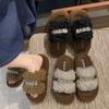Rhinestone Lamb Wool Slippers Women's 2025 Autumn and Winter New Fashionable Versatile Muffin Thick Bottom Outer Wear One-word Cotton Mop