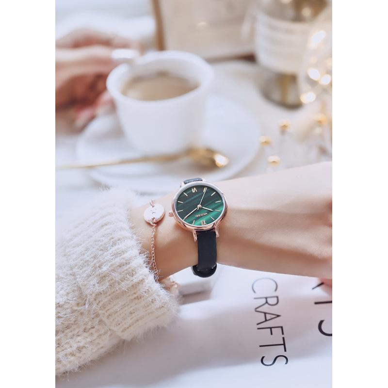 INS, новый элегантный дизайн, женские кварцевые наручные часы, модные часы из искусственной кожи с зеленым циферблатом, лучшие подарки для семьи