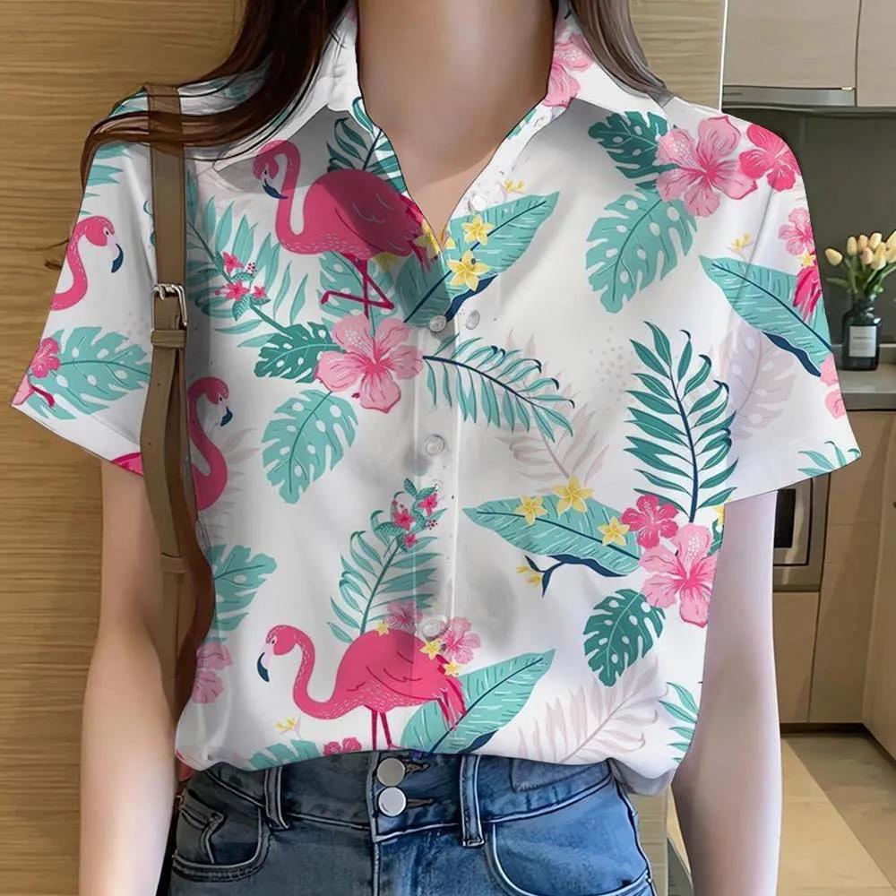 Womens Shirts Cute Cartoon Animal Flamingo 3D Printed Casual Tops Blouses Hawaiian Short Sleeve Button Beach Shirt Summer Shirts