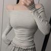 Элегантный корейский укороченный топ в полоску с одним плечом, облегающий, с длинным рукавом