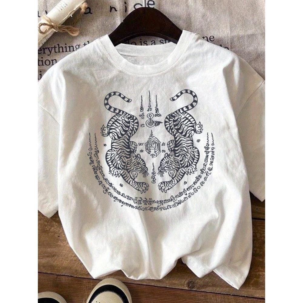 Женская футболка Sakyan Thai Tattoo с принтом двойного тигра, с круглым вырезом, коротким рукавом, повседневный топ с изысканным белым узором