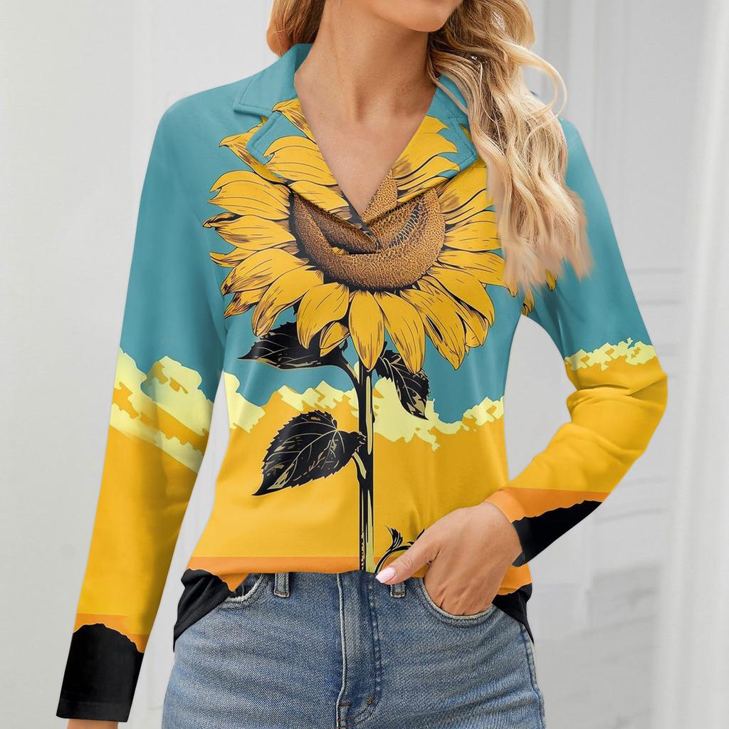 Women's Fashion Leisure Long Sleeve V Neck Flower Printing Top