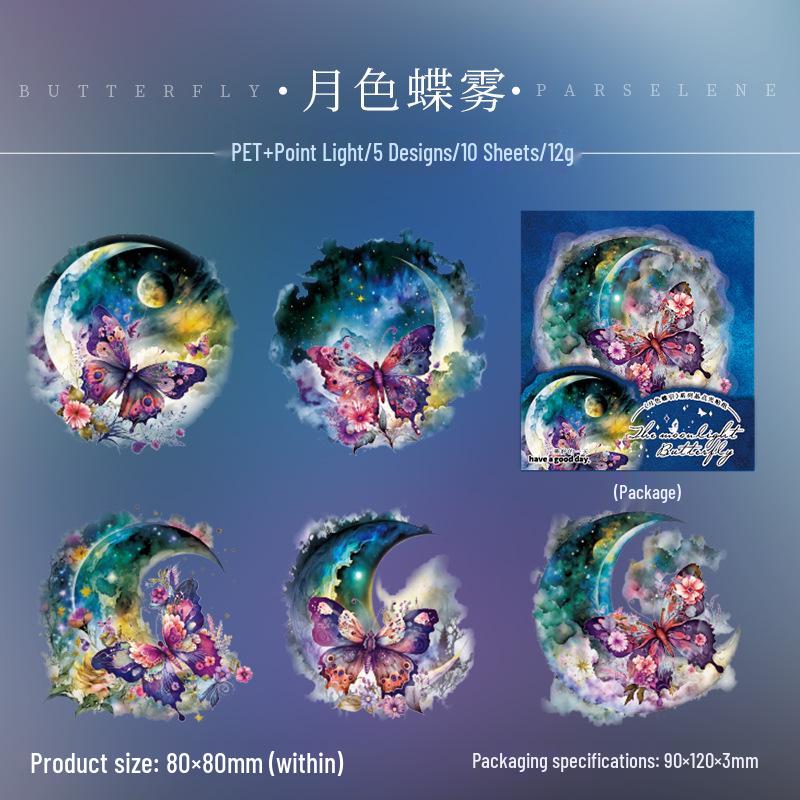 Moonlit Butterfly Series Stickers: Crystal Dot Light Journal Materials in 6 Styles