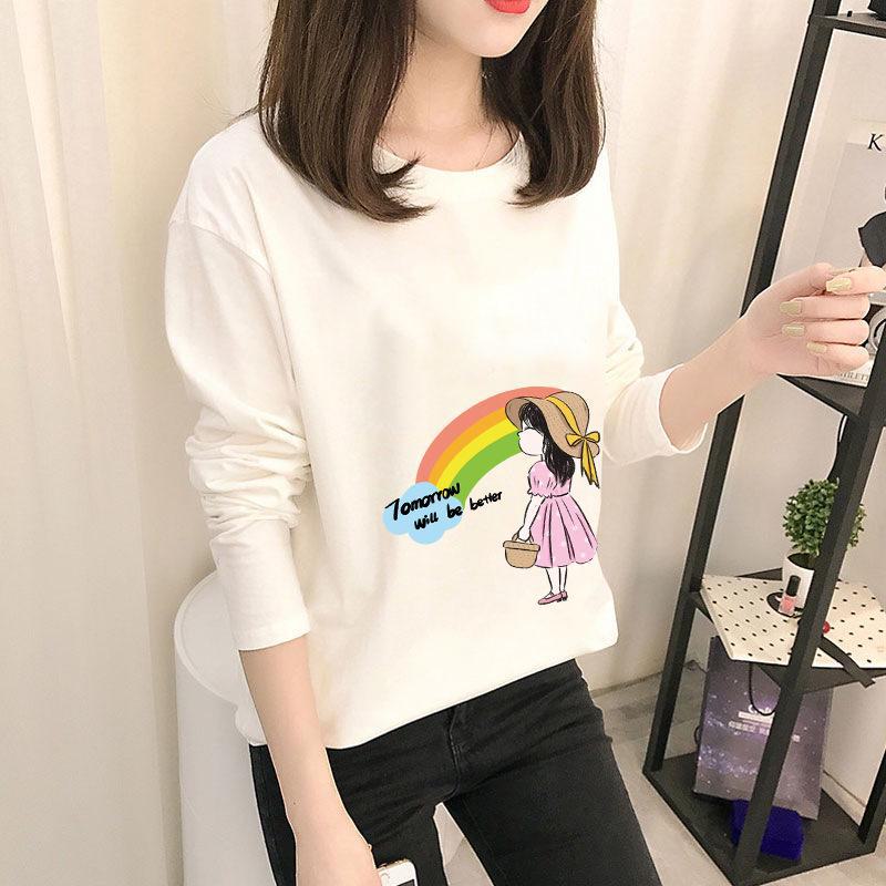 Осень 2023 г. Корейские топы с рисунком - женские футболки с длинными рукавами в однотонных цветах