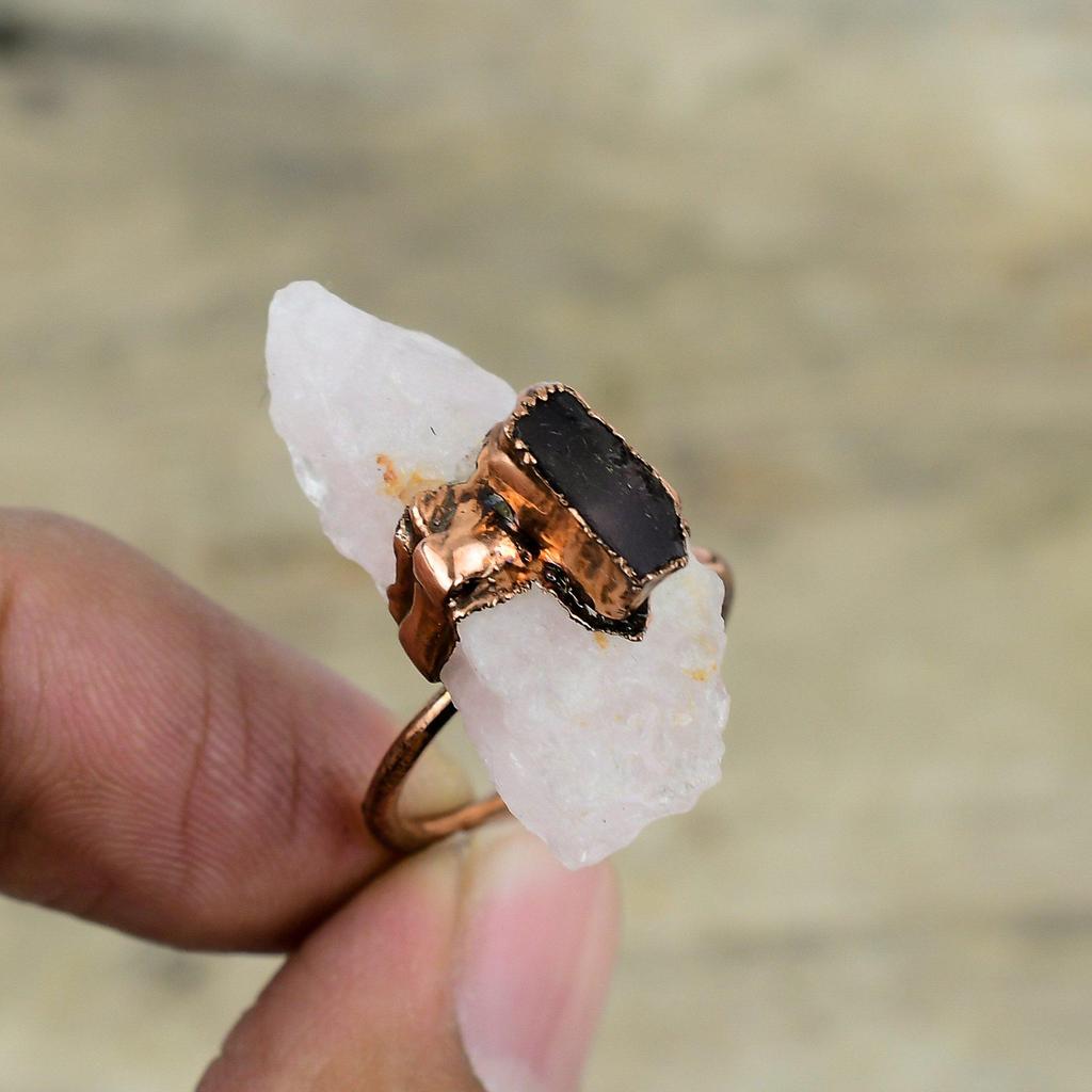 Rose Quartz Rough Ring Smoky Quartz Ring Electroformed Copper Gemstone Ring Handmade Jewelry Adjustable Ring Copper Jewelry Gifts For Mother