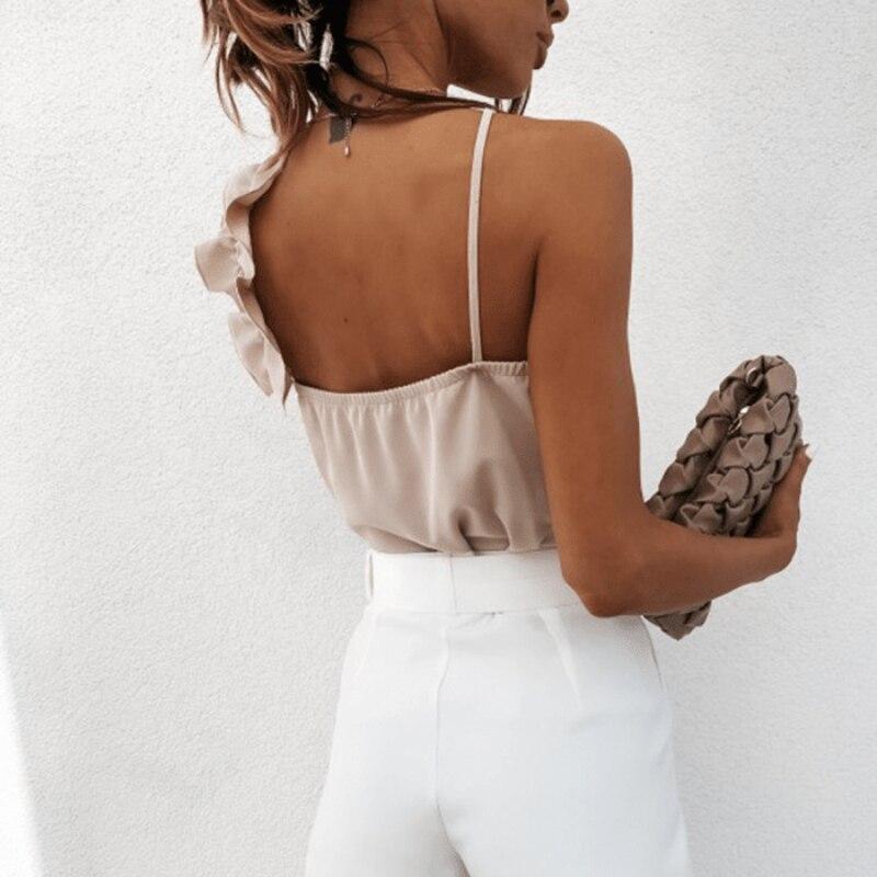 2023 модная элегантная стильная однотонная шелковая майка с оборками, летняя женская атласная майка без рукавов, сексуальная рубашка с v-образным вырезом и открытой спиной 26289