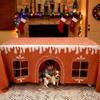Gingerbread House Christmas Tablecloth Reusable Washable Gingerbread Playhouse Table Cover with Playful Cut-Out Windows for Dining Room Kitchen Party