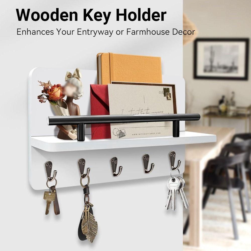 Wall Mounted Wooden Key Holder Floating Shelf Clothes Storage Rack Coat Hook Home Decor