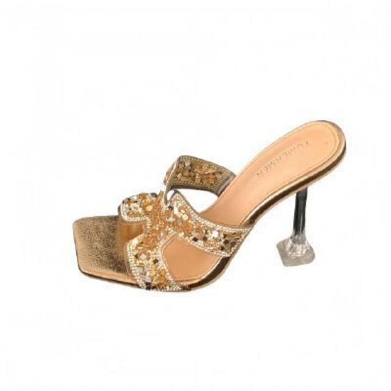 Туфли на высоком каблуке новый сказочный стиль мода с бриллиантами большой размер тонкий каблук стразы бант летние женские шлепанцы