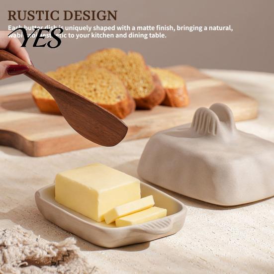 Ceramic Butter Server Dish with Lid And Wooden Knife, Kitchen Countertop Cheese Storage Tray, Keeper Container for Fridge & Table Serving
