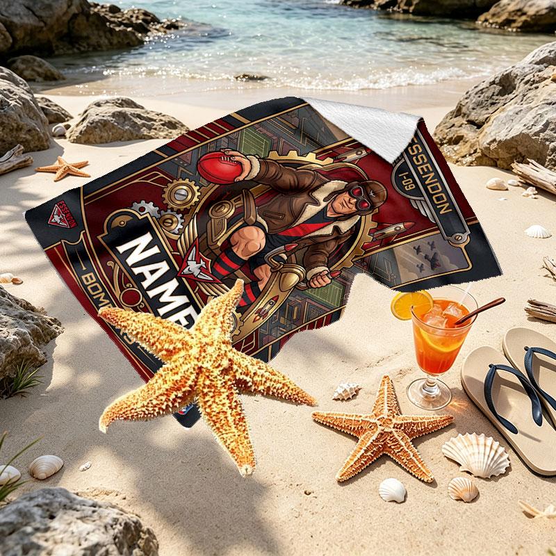 Custom Name Personalized Essendon Football Print Beach Towel, for Trip Camping Beach Party Home Decor, Birthday Gift for Family & Friends