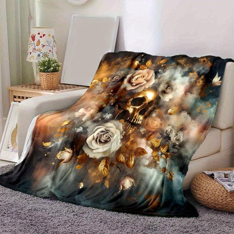 1pc Golden Skull amidst Roses Blanket,Living Room, Travel, Camping, Car Blankets