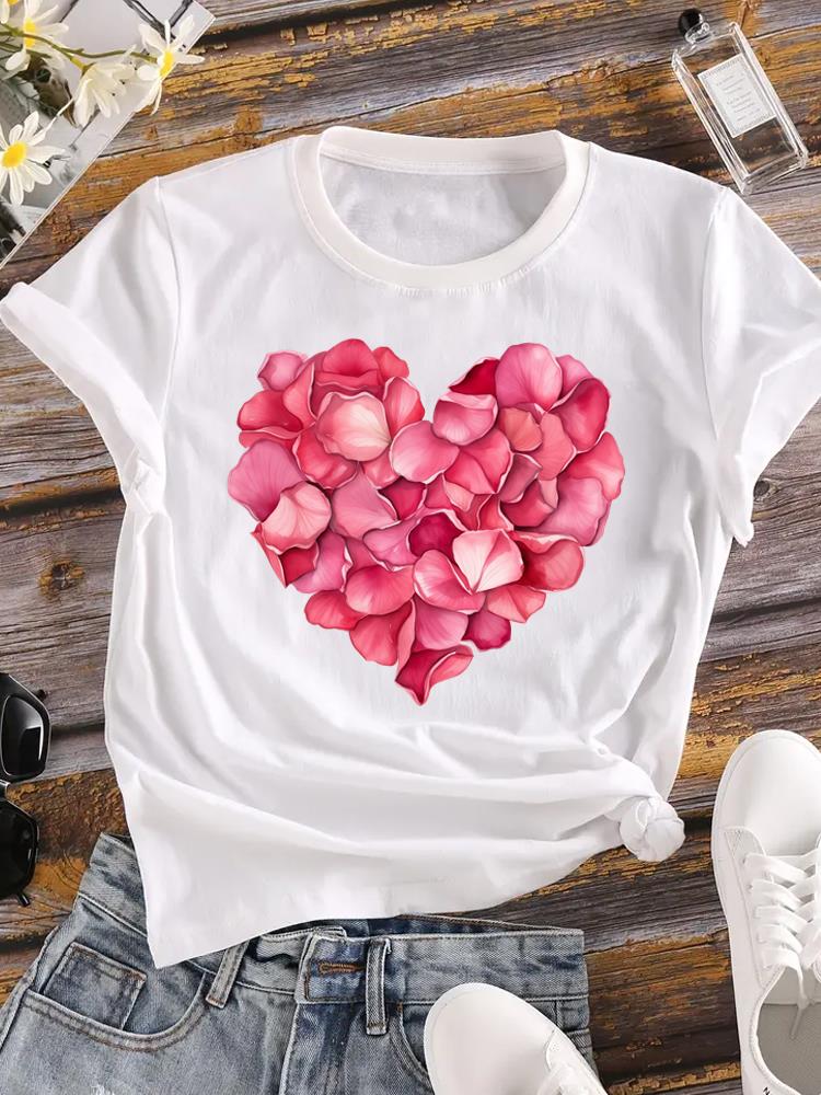 (Азиатский размер) модный love heart цветок футболки Печатная одежда Женская с круглым вырезом С коротким рукавом Женский топ Повседневная футболка Модная женская графическая футболка