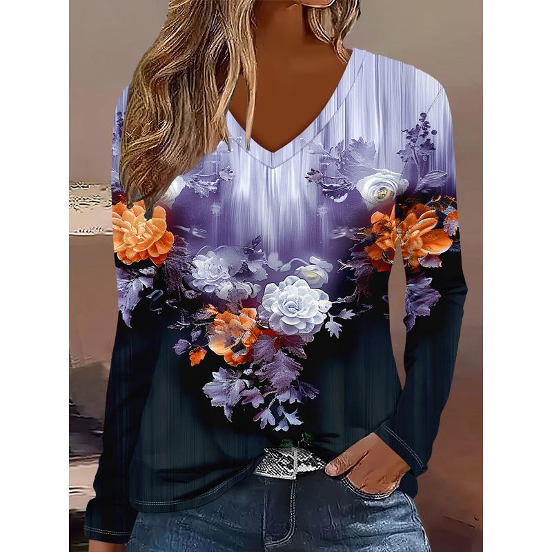 Женская осенне-зимняя футболка с 3D-принтом, V-образным вырезом и длинным рукавом, модная, универсальная, трендовая, дышащая, повседневная