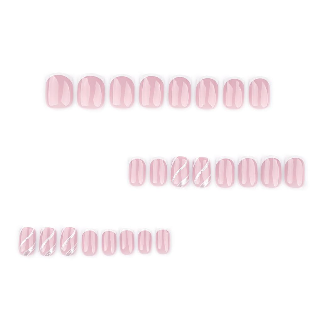 24pcs Simple White Fake Nail Short Square Nail Art Wavy Flash Pink Striped Wearable Nails