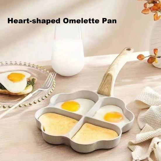 Omelette Pan 4-Cup Non-Stick Egg Frying Mold Heart-Shaped Mini Cooker Pan with Wooden Handle