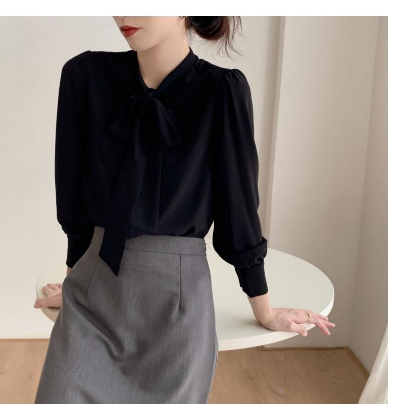 Модная элегантная женская рубашка с длинным рукавом и галстуком-бабочкой, весна-осень, свободная повседневная простая блузка больших размеров для офиса, женская одежда 2024 года, новая однотонная одежда 2585