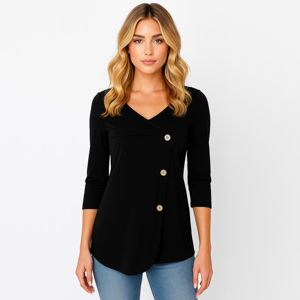 Women's Solid Color Button V-neck Long Sleeved Pullover Top