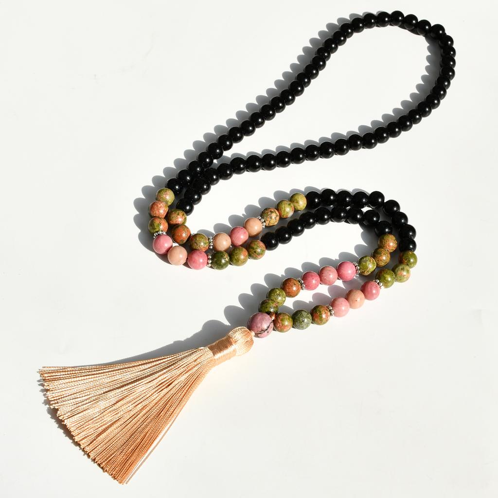 108 Mala Beads Long Necklace Boho Style Tassel Pendant Natural Stone Rhodochrosite Unakite Black Onyx Handmade Zircon Gift