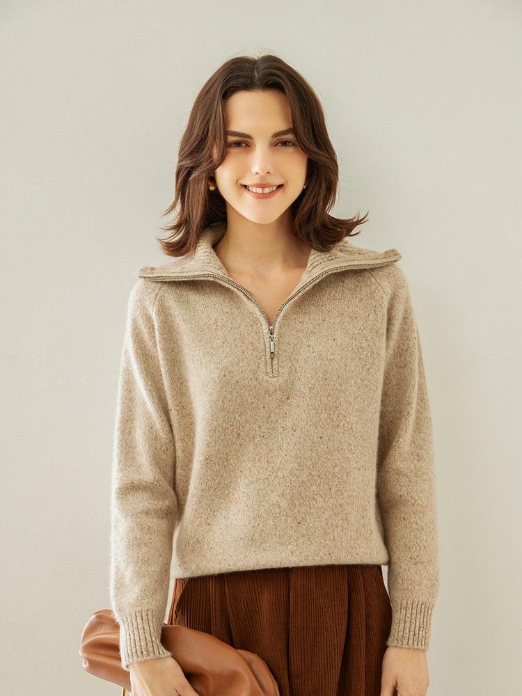 Women's Autumn/Winter Cashmere Lapel Half-Zip Sweater - Casual Knit Pullover