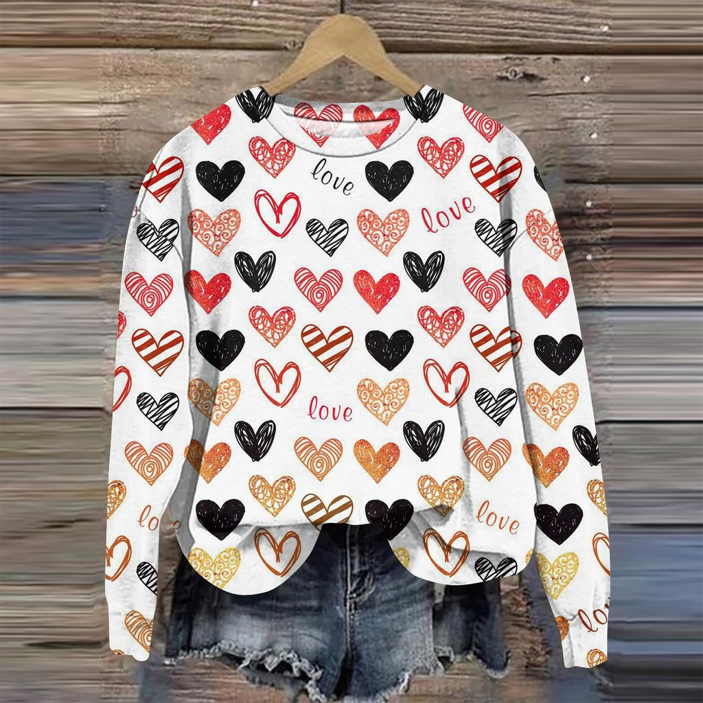 Женская мода День святого Валентина Печатный длинный рукав свободный круглый вырез толстовка Топ осень