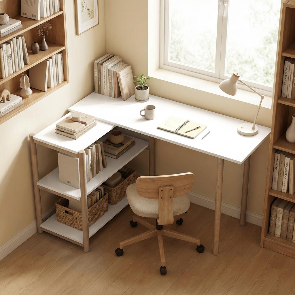Computer Desk With Storage Shelves Modern Writing Desk Bamboo Frame For Home Office 150 Cm White And Oak