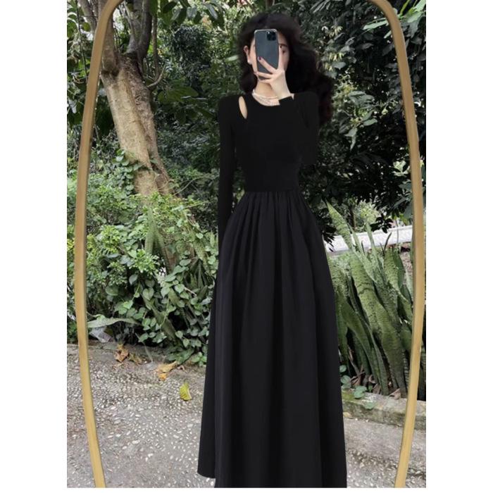 Женское черное платье в стиле «французский чай» 2025 года, облегающее, с квадратным воротником, длинное платье в стиле Хепберн