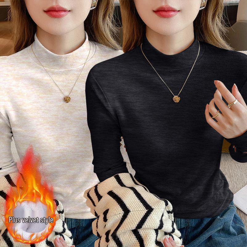 Осень 2025 Большой размер Приталенный Топ-база с длинным рукавом Свободный для женщин с воротником-стойкой