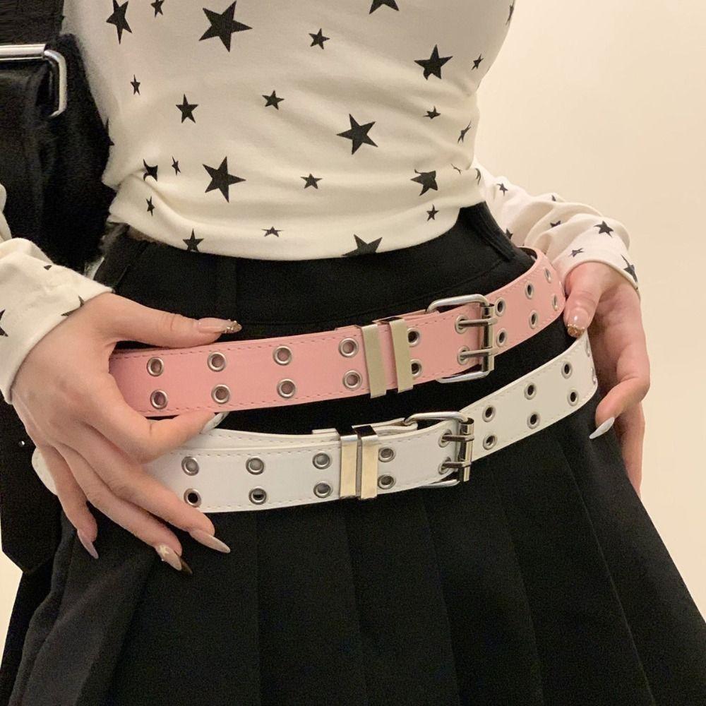 PU Leather Double Row Belt Metal Buckle Women's Belt New Punk Belt Daily Outfits
