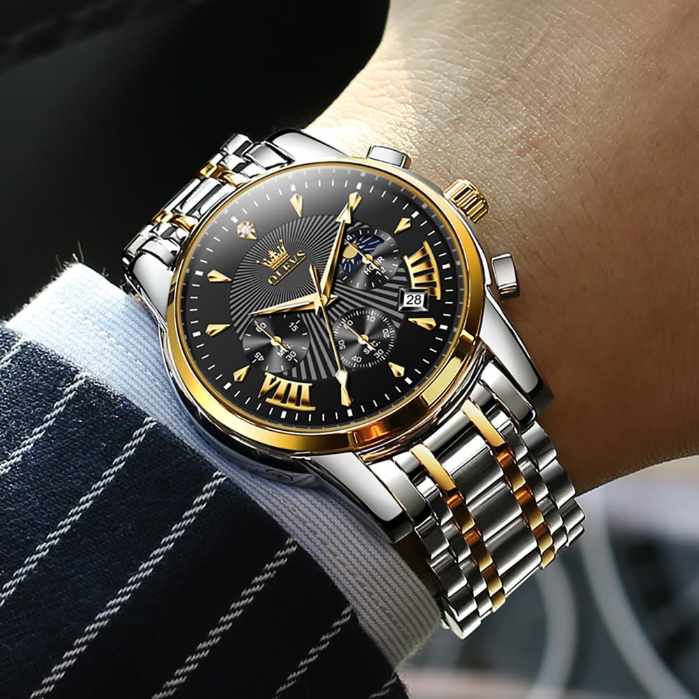 OLEVS Men's Watch, Popular and Stylish, Business Brand, Waterproof Quartz Movement, Luxury Gentleman's Watch, Slim, Stainless Steel Band, Black, Gift