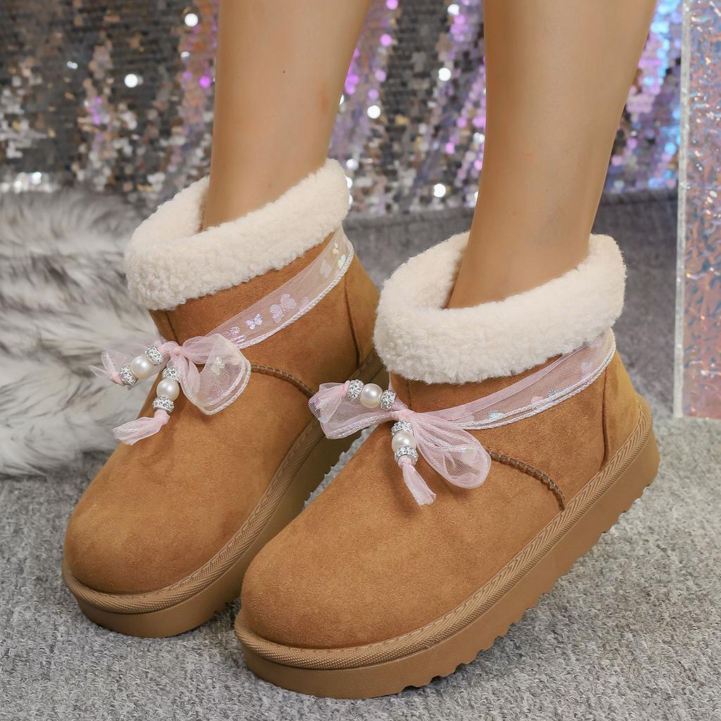Fashion Bowtie Pearl Decor Winter Warm Ankle Boots Women Comfort Thick Sole Platform Casual Shoes Cotton Padded Thicken Plush Snow Boots