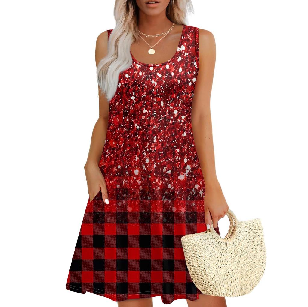 Женское летнее повседневное платье с квадратным вырезом и принтом в стиле пэчворк, платье без рукавов с карманами