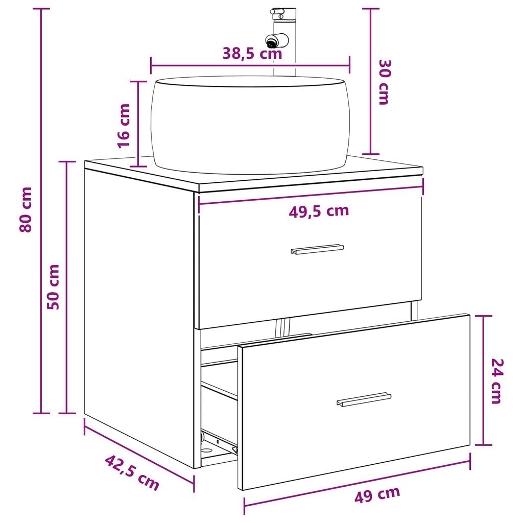 Wall Mounted Washbasin Cabinet Smoked Oak 49.5 x 44.5 x 66 cm
