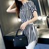 Female Commuter Slim Chiffon Striped Blouses Small V-Neck Button Patchwork Casual Short Sleeve Shirt Women's Summer Clothes 4XL