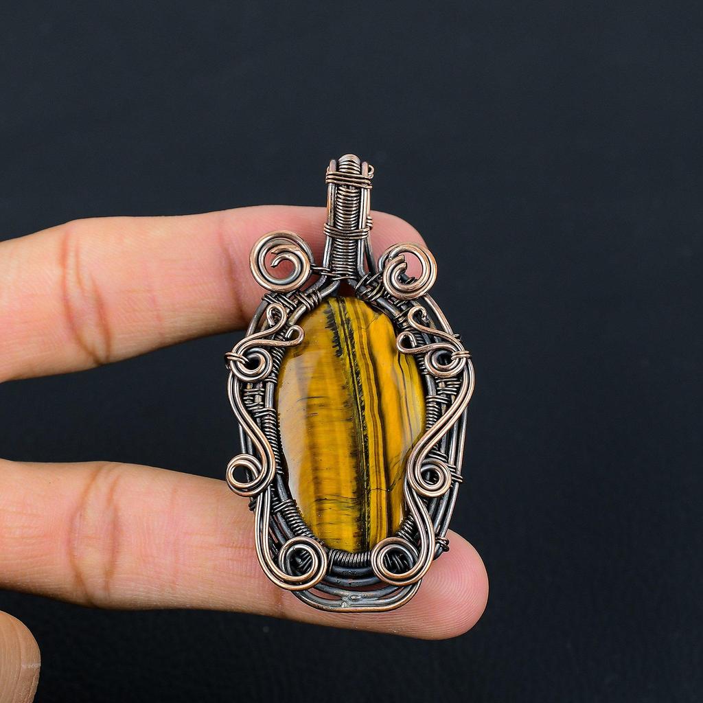 Тигровый глаз драгоценный камень из чистой медной проволоки обернутый ювелирный кулон ручной работы для подарка