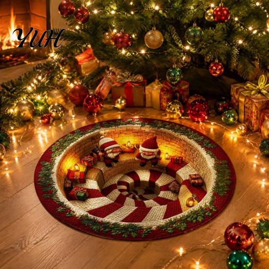 Creative Christmas Party Decor Round Area Rug, 3D Optical Illusion Floor Mat with Santa Candy Cane Winter Holiday Carpet Print, Non-Slip Stain